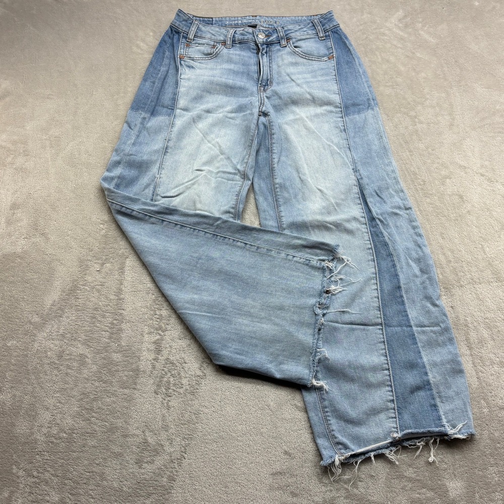 American Eagle Jeans Women 2 Light Wash Low Rise Baggy Wide Leg Two Tone Raw Hem